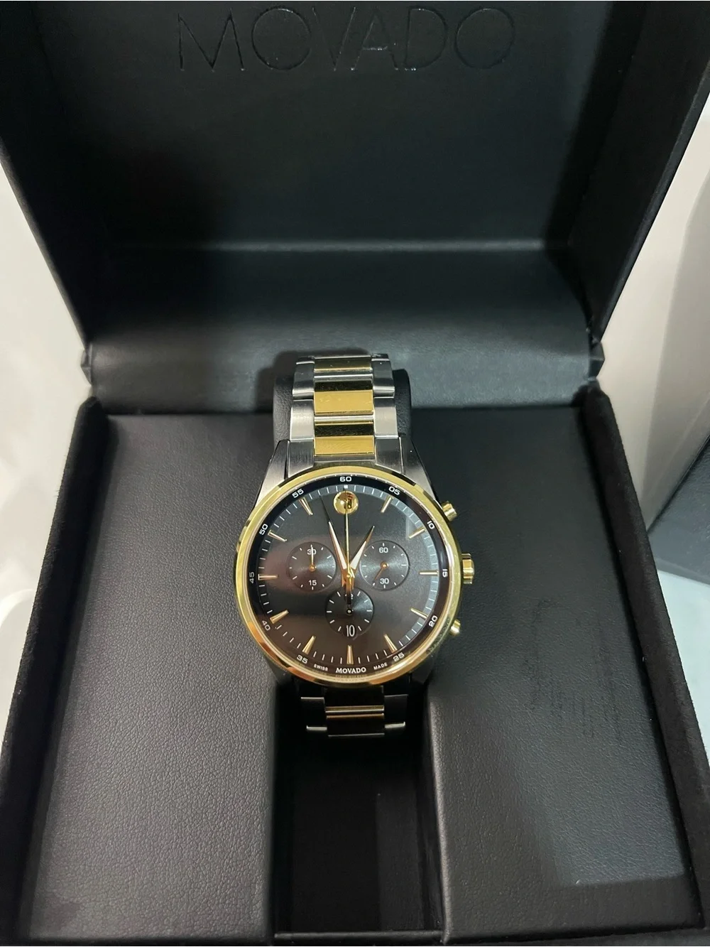 Movado Two Tone Bracelet Watch with Black Dial